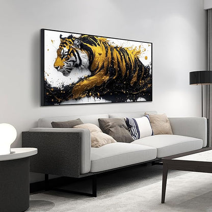 Tiger Art Wall Decor for Living Room - Modern Black and Gold Wall Decor for Bedroom - Large Framed Wall Art for Office Size 29" x 59"