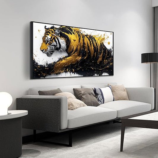 Tiger Art Wall Decor for Living Room - Modern Black and Gold Wall Decor for Bedroom - Large Framed Wall Art for Office Size 29" x 59"