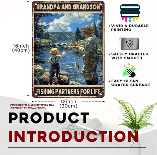 Vintage Fishing Metal Sign Grandpa And Grandson Fishing Partners For Life Metal Poster Home Kitchen Garden Bar Pub Coffee Man Cave Aluminium Sign Art Wall Decor Plaque 12x16Inch