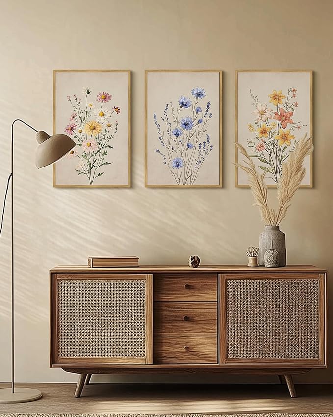 Drsoum Vintage Flower Bouquet Wall Art Framed Retro Bohemian Boho Colorful Floral Plant Rustic Artwork Nature Botanical Wildflower Prints Bedroom Living Room Ready to Hang 16x24in Natural Framed