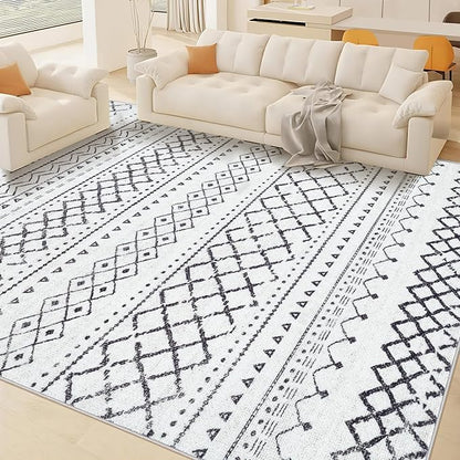 Area Rug for Living Room 9x12: Large Washable Boho Moroccan Rugs Geometric Neutral Rug, Non-Slip Foldable Morden Farmhouse Indoor Floor Carpet for Bedroom Dining Table Home（Black,9'X12'）