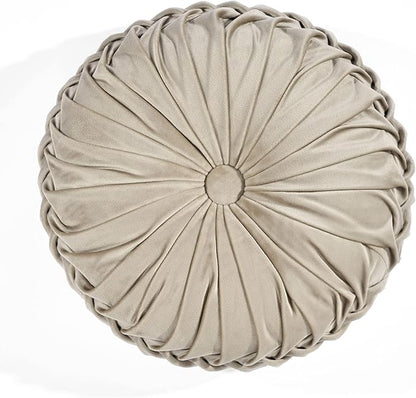 Lush Decor Round Pleated Soft Velvet Decorative Throw Pillow, 1 Count, 15" Diameter, Taupe - Neutral Plush Round Pillow, Seat Cushion, Decorative Pillows For Bed, Couch, Or Chair