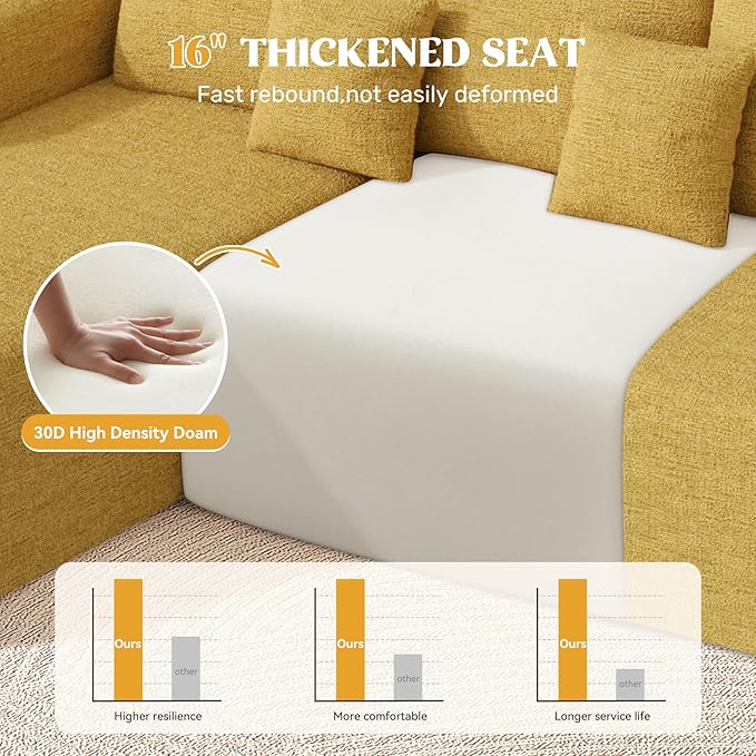 112" Modern Curved Cloud Couch, Chenille Boneless Couches for Living Room with Deep Seat, Memory Foam Compressed Modular Sectional Sofa, No Assembly Required,Yellow 1 PCS