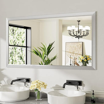 55x30 Inch Brushed Silver Bathroom Mirror for Wall, Thick Metal Framed Rectangle Mirrors for Over Sink, Bedroom, Living Room, Entryway, Anti-Rust, HD Tempered Glass