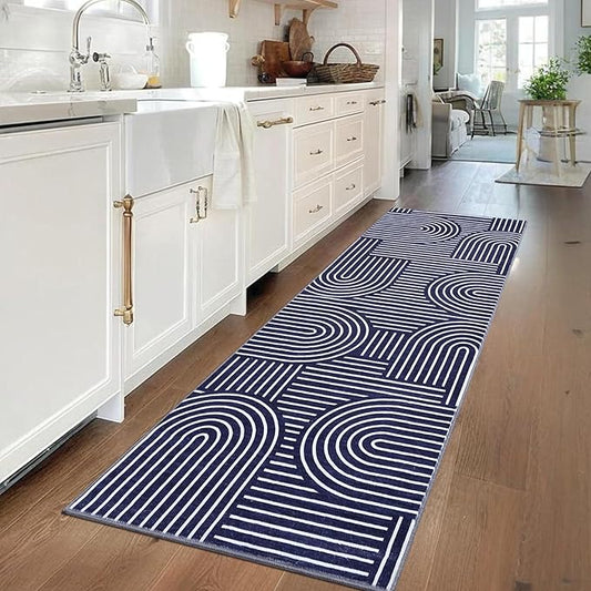 ROYHOME Modern Rug 2.5x10 Runners for Hallways, Abstract Kitchen Runner Rugs Non Slip Bath Mat, Rainbow Washable Runner Rug for Bedroom, Soft Long Rugs for Entryway Bathroom Laundry Dorm, Blue