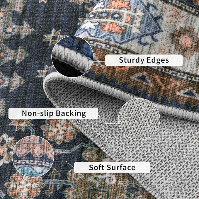 Tangsoo Vintage 3x5 Area Rug for Bedroom Entryway,Washable Soft Low Pile Indoor Accent Rugs,Boho Non-Slip Carpet for Living Room Bedside Bathroom Entry Blue Orange
