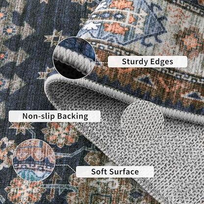 Tangsoo 2.6x10 Washable Runner Rug for Hallways,Vintage Non-Slip Kitchen Runner Rugs Non-Slip Boho Soft Low Pile Long Rug Runner for Bedroom Entryway Laundry Bathroom Living Room Blue Orange