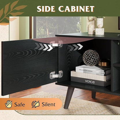 WLIVE Mid-Century Modern TV Stand for 65 70 Inch TV, Entertainment Center with Storage, Adjustable Shelves & Soft-Close, Media TV Console for Living Room/Bedroom, Black