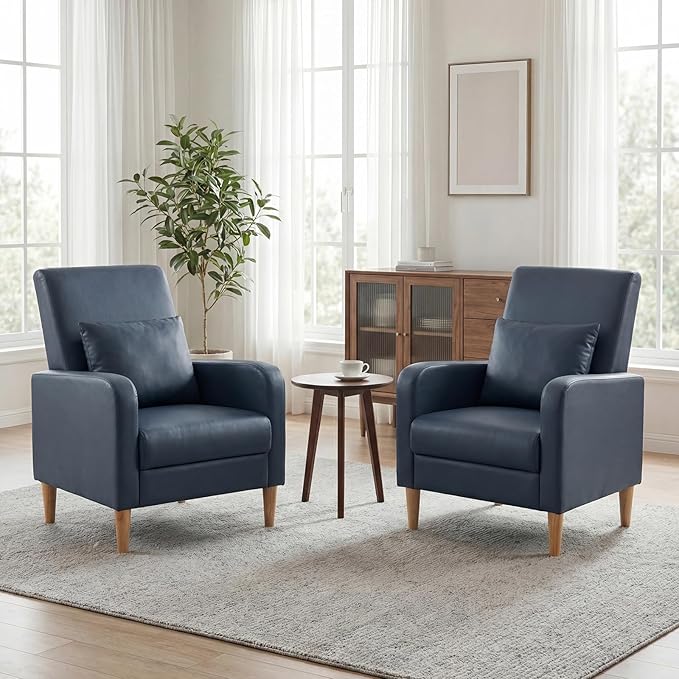 COLAMY Mid-Century Modern Upholstered Accent Chair with Back Pillow & Solid Wood Legs, Leather Cozy Armchair for Living Room, Bedroom, Reading Nook, Apartment & Small Spaces, Blue