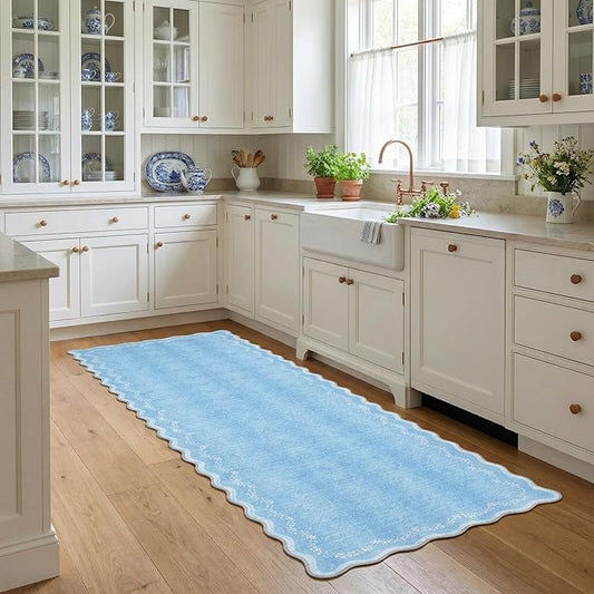GarveeHome 2.6x10 Scalloped Washable Runner Rug for Kitchen, Soft Blue Long Hallway Runner Non Slip Entryway Rug Farmhouse Thin Laundry Mat Stain Resistant Carpet for Bathroom Beside Rug