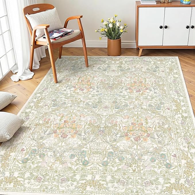 Vintage Washable Sage Green Area Rugs for Bedroom Under Bed, Living Room, Nursery, Kitchen, Entryway, Low Pile Non Slip Stain Resistance Distressed Retro Indoor (Beige Green, 4 x 6)
