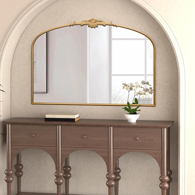 Besdomus Ornate Arched Large Mirror: 48"x33" French Oversize Gold Vintage Vanity Decorative Mirror - Baroque Traditional Antique for Fireplace/Bathroom/Living Room - Home Decor for Homemakers