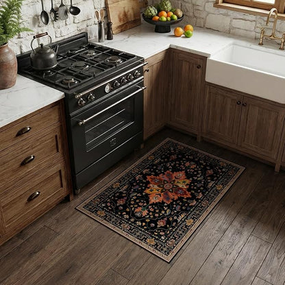 RELEANY Area Rugs 2'x3' Kitchen Rugs Entry Rug Small Rugs for Entryway Kitchen Bathroom Door Mat Indoor Entrance,Washable Non Slip, Black Colorful Floral Dark Tan