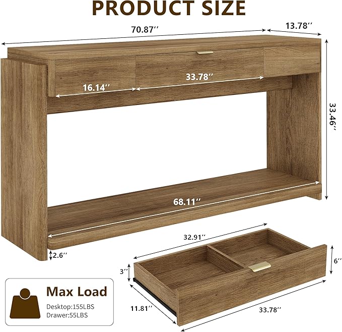 Feonase 71" Long Console Table with Drawer and LED, Wooden Farmhouse Sofa Table Behind Couch, Modern Entryway Table for Living Room, Hallway, Entrance, Foyer, Oak Brown