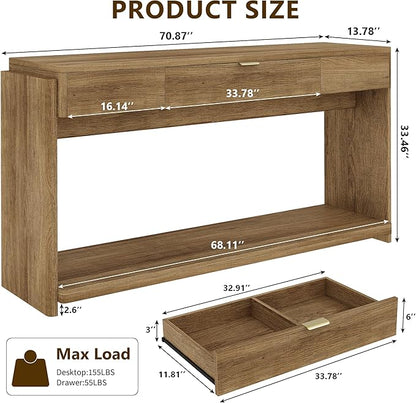 Feonase 71" Long Console Table with Drawer and LED, Wooden Farmhouse Sofa Table Behind Couch, Modern Entryway Table for Living Room, Hallway, Entrance, Foyer, Oak Brown