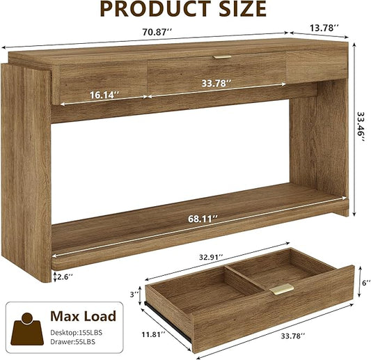 Feonase 71" Long Console Table with Drawer and LED, Wooden Farmhouse Sofa Table Behind Couch, Modern Entryway Table for Living Room, Hallway, Entrance, Foyer, Oak Brown