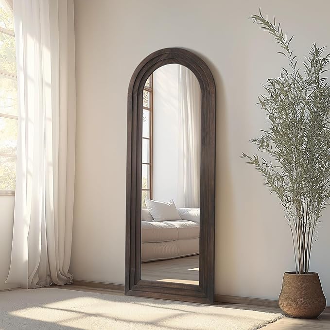MELOMOIR Arched Full Length Mirror with Solid Wood Frame, 56"x21" Rustic Farmhouse Floor Mirror with Stand, Free Standing Leaning Hanging, for Bedroom Living Room Dressing Room Entryway, Brown