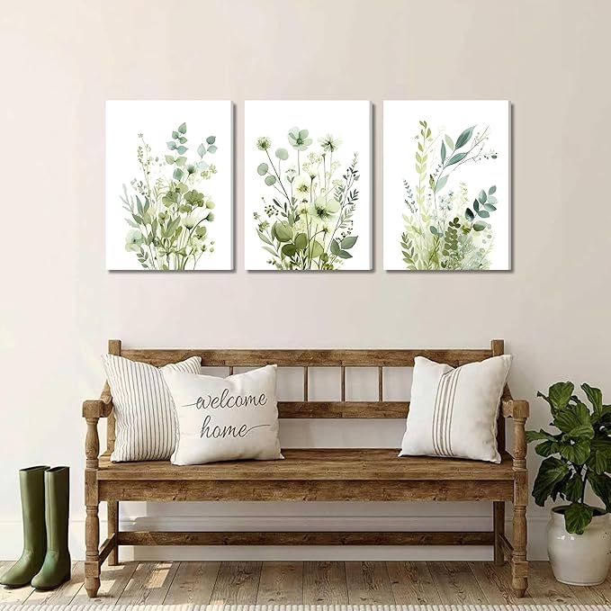 Boho Floral Canvas Wall Art Set of 3, Sage Green Wildflower Botanical Wall Decor Painting, Minimalist Watercolor Flowers Posters Prints for Bedroom Bathroom Living Room 12x16 In Framed