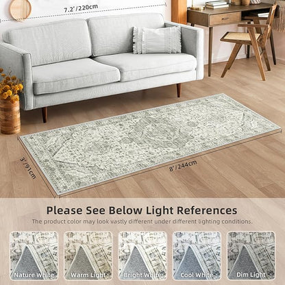 Deerly 3x8 Runner Rug Non Slip - Kitchen Washable Rug Runner with Non-Shedding, Boho Runners for Hallways Distressed Carpet Bedroom Border Cream