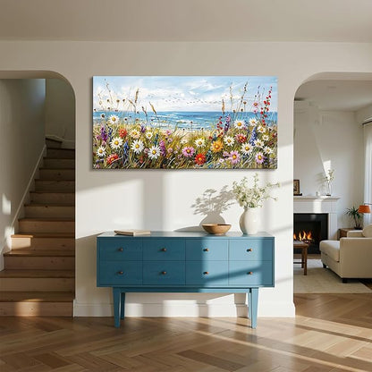 SERIMINO Oversized Wall Art, Flower Wall Art, Coastal Wall Decor, Beach Daisy Canvas Art Prints, Nature Landscape Large Painting, Floral Pictures for Living Room Dining Room Modern Farmhouse 29"x57"