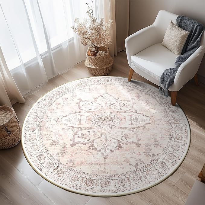 BESTSWEETIE 4ft Area Rug Washable Rugs for Living Room, No Pile Boho Carpet for Entryway Bedroom Dinning Room, Vintage Carpet Print Distressed Non-Slip, 48" Round, Pink Beige Grey