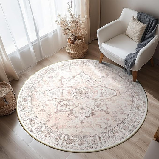 BESTSWEETIE 4ft Area Rug Washable Rugs for Living Room, No Pile Boho Carpet for Entryway Bedroom Dinning Room, Vintage Carpet Print Distressed Non-Slip, 48" Round, Pink Beige Grey
