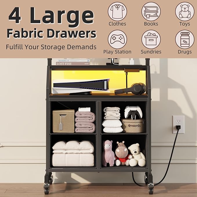 Rolling TV Stand with Mount & 4 Fabric Drawers - TV Stand with Wheels for 32-75" TV, Entertainment Center & Console Table for Living Room or Bedroom, Modern Television Stand with Storage, Black