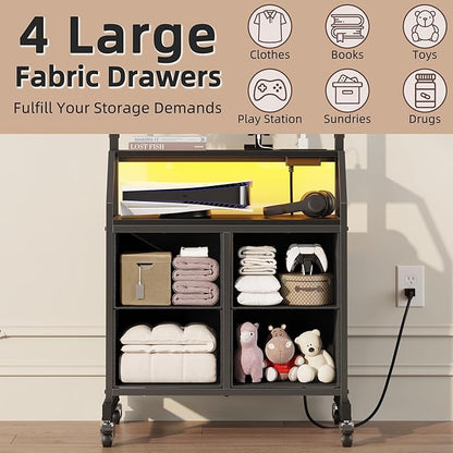 Rolling TV Stand with Mount & 4 Fabric Drawers - TV Stand with Wheels for 32-75" TV, Entertainment Center & Console Table for Living Room or Bedroom, Modern Television Stand with Storage, Black