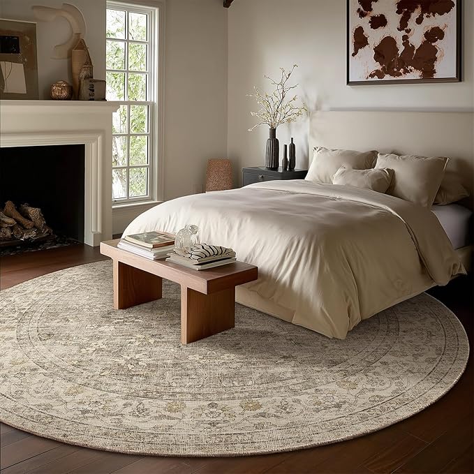 6ft Washable Round Rugs for Bedroom: Circle Living Room Rug Vintage Non Slip Low Pile Soft Faux Wool Non Shedding Boho Circular Rug for Kitchen Entryway Bathroom Bedside Office College Dorm Kids Room