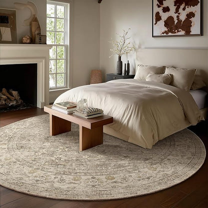 6ft Washable Round Rugs for Bedroom: Circle Living Room Rug Vintage Non Slip Low Pile Soft Faux Wool Non Shedding Boho Circular Rug for Kitchen Entryway Bathroom Bedside Office College Dorm Kids Room