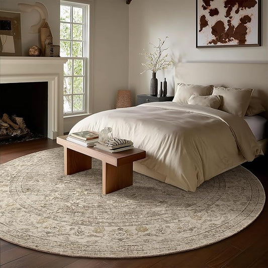 6ft Washable Round Rugs for Bedroom: Circle Living Room Rug Vintage Non Slip Low Pile Soft Faux Wool Non Shedding Boho Circular Rug for Kitchen Entryway Bathroom Bedside Office College Dorm Kids Room