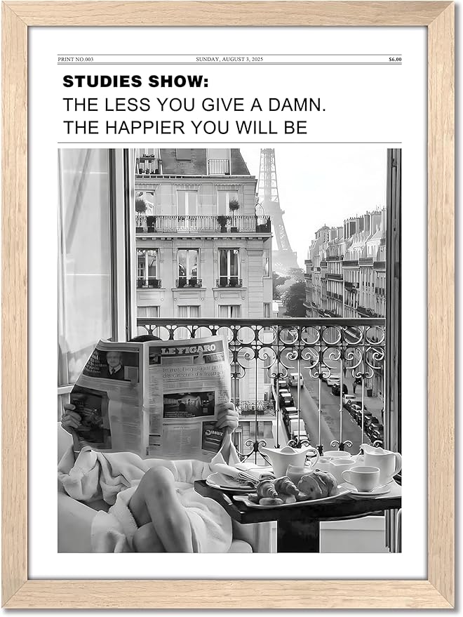 Vintage Black and White Newspaper Wall Art, Positive Headline Canvas Bedroom Wall Decor, Bathroom Print Poster Picture, Trendy Girly Apartment Dorm Room Decor Painting 16x24 inch Light Wood Framed