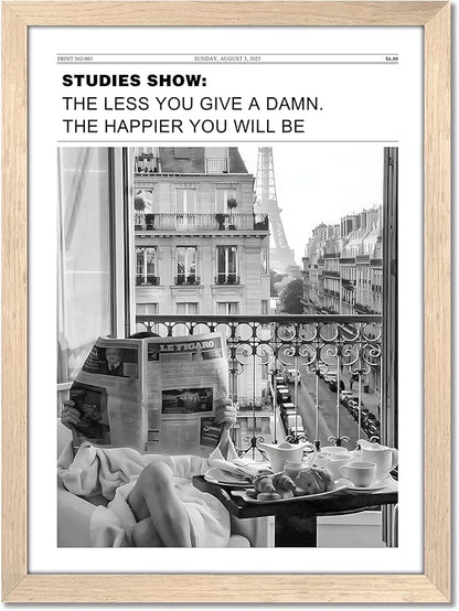 Vintage Black and White Newspaper Wall Art, Positive Headline Canvas Bedroom Wall Decor, Bathroom Print Poster Picture, Trendy Girly Apartment Dorm Room Decor Painting 16x24 inch Light Wood Framed