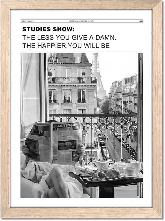 Vintage Black and White Newspaper Wall Art, Positive Headline Canvas Bedroom Wall Decor, Bathroom Print Poster Picture, Trendy Girly Apartment Dorm Room Decor Painting 16x24 inch Light Wood Framed