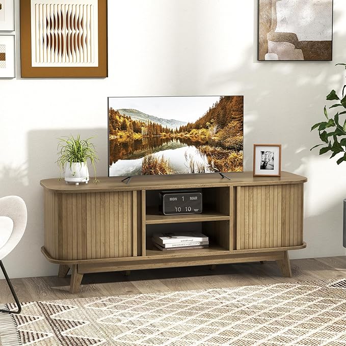 Tangkula Sliding Doors TV Stand for TV up to 55 Inch, Mid Century Modern TV Console Table, Television Cabinet w/ 2 Open Shelves & Sliding Doors, Home Media Entertainment Center for Living Room (Oak)