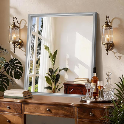 CIRCUMI 30"x36" Brushed Silver Mirror with Chunky Box Metal Frame, Bathroom Mirror for Vanity Remodel & New Home, Living Room, Entryway, Rectangular Wall Mirror, Tempered Glass, Vertical or Horizontal