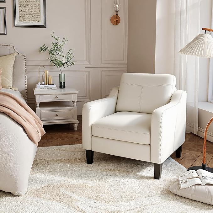 MALOL PU Leather Accent Chair Set of 2, Mid-Century Modern Living Room Armchair Sofa with Removable Cushions, Solid Wood Frame & Stitched Armrest Design, Bedroom Chair with Plastic Legs, Beige
