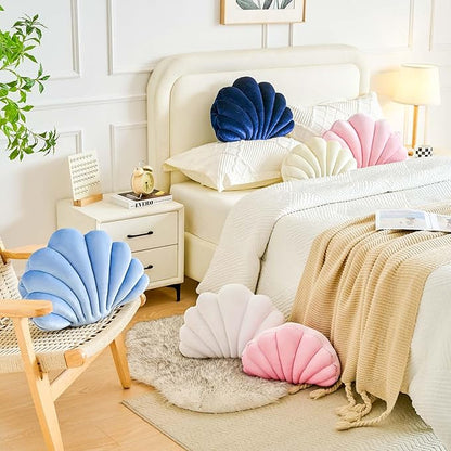 Lfsaaj Dusty Blue Seashell Throw Pillows, Shell Shaped Throw Pillows, 18 Inch Soft Velvet Home Decorative Pillow Plush Cushion for Bed Couch Living Sofa Room Decor Accent Throw Pillow