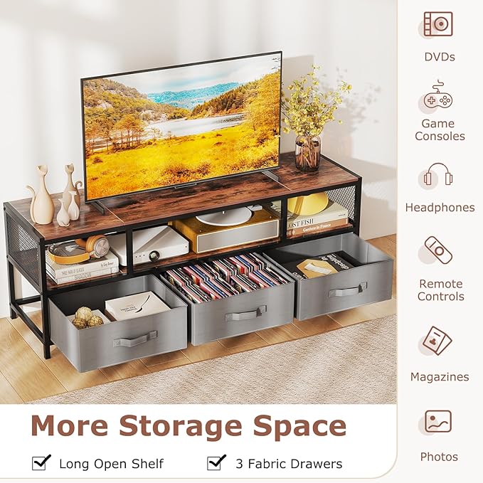 Giantex Dresser TV Stand for 65 Inch TV, Modern Entertainment Center w/Power Outlets, Open Shelf & Fabric Drawers, Television Stands, TV Console Table for Living Room Bedroom (Rustic Brown+Black)