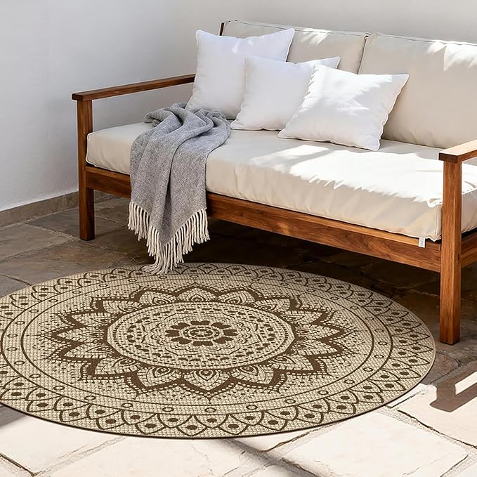 Easy Jute Outdoor Round Rug, 5ft Washable Indoor Outdoor Patio Rug, Brown Non Slip Round Area Rug Farmhouse, Boho Carpet for Backyard Patio