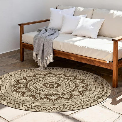 Easy Jute Outdoor Round Rug, 5ft Washable Indoor Outdoor Patio Rug, Brown Non Slip Round Area Rug Farmhouse, Boho Carpet for Backyard Patio