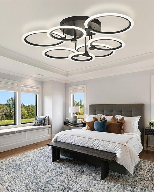 Modern LED Ceiling Light 7 Rings Dimmable Fixtures with Remote Black Close to Ceiling Light 31.8" 130W 3000K-6500K Flush Mount Ceiling Lamp for Living Room,Bedroom,Kitchen