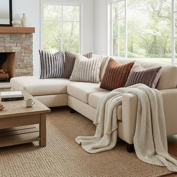 decorUhome Summer Cozy Faux Fur Throw Pillow Covers 12x20 Set of 2 Decorative Soft Plush Striped Lumbar Modern Farmhouse Boho Couch Pillow Cases with Velvet Back for Sofa Bed Living Room, Beige White