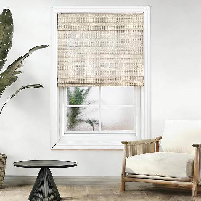 Motorized Bamboo Roman Shades, Motorized Blinds with Remote Compatible with Homekit, Alexa GoogleHome, Smart Wood Woven Shades for Indoor Windows, Customize, Sandstone Grid