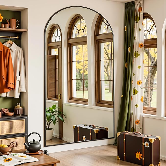 Full Length Mirror, 76"x44" Arched Full Body Mirror, Floor Mirrors with Stand, Body Mirrors Standing Hanging Leaning Against Wall,Aluminum Frame Mirrors for Bedroom Cloakroom,Living Room,Black