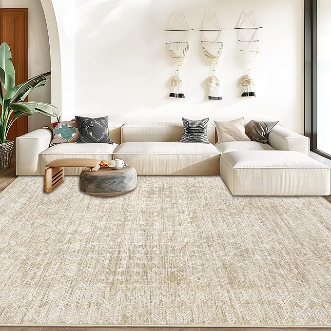 Area Rug for Living Room 9x12: Large Washable Boho Moroccan Rugs Geometric Neutral Rug, Non-Slip Foldable Morden Farmhouse Indoor Floor Carpet for Bedroom Dining Table Home (Moroccan Beige, 9'x12')