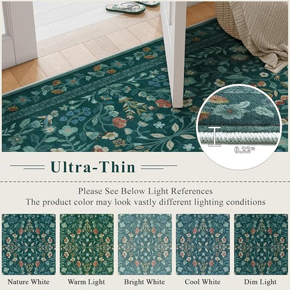 Lahome Floral Washable Area Rugs 8x10, Non-Slip Living Room Carpet Soft Tumble Washable Rugs for Bedroom Nursery, Vintage Botanical Print Carpet for Classroom Kids Room, Dark Green