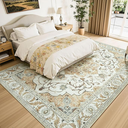 Lessymo Washable Area Rug for Living Room,9x12 Large Rugs with Non-Slip Backing,Soft Boho Carpets for Bedroom Dining Room Nursery Home Office,Light Beige