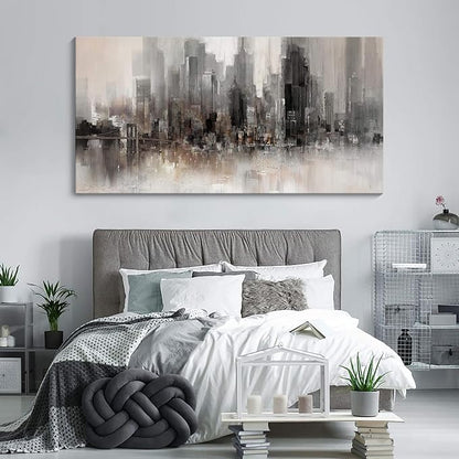 Nyc Skyline Painting Wall Art Grey Buildings Picture for Living Room Modern Home Bedroom Decoration Black and White and Brown Framed Artwork Decor 20X40