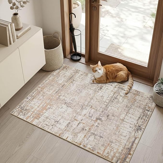 Rugxara 2x3 Entryway Rug,Door Mat Indoor Entrance, Washable Non Slip Kitchen Bathroom Rugs, Ultra-Thin Throw Small Rug for Front Door, Beige Grey